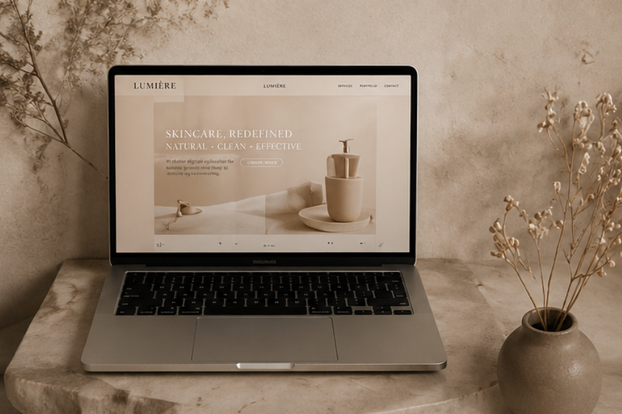 Elegant hjemmeside vist på laptop i varm minimalistisk styling