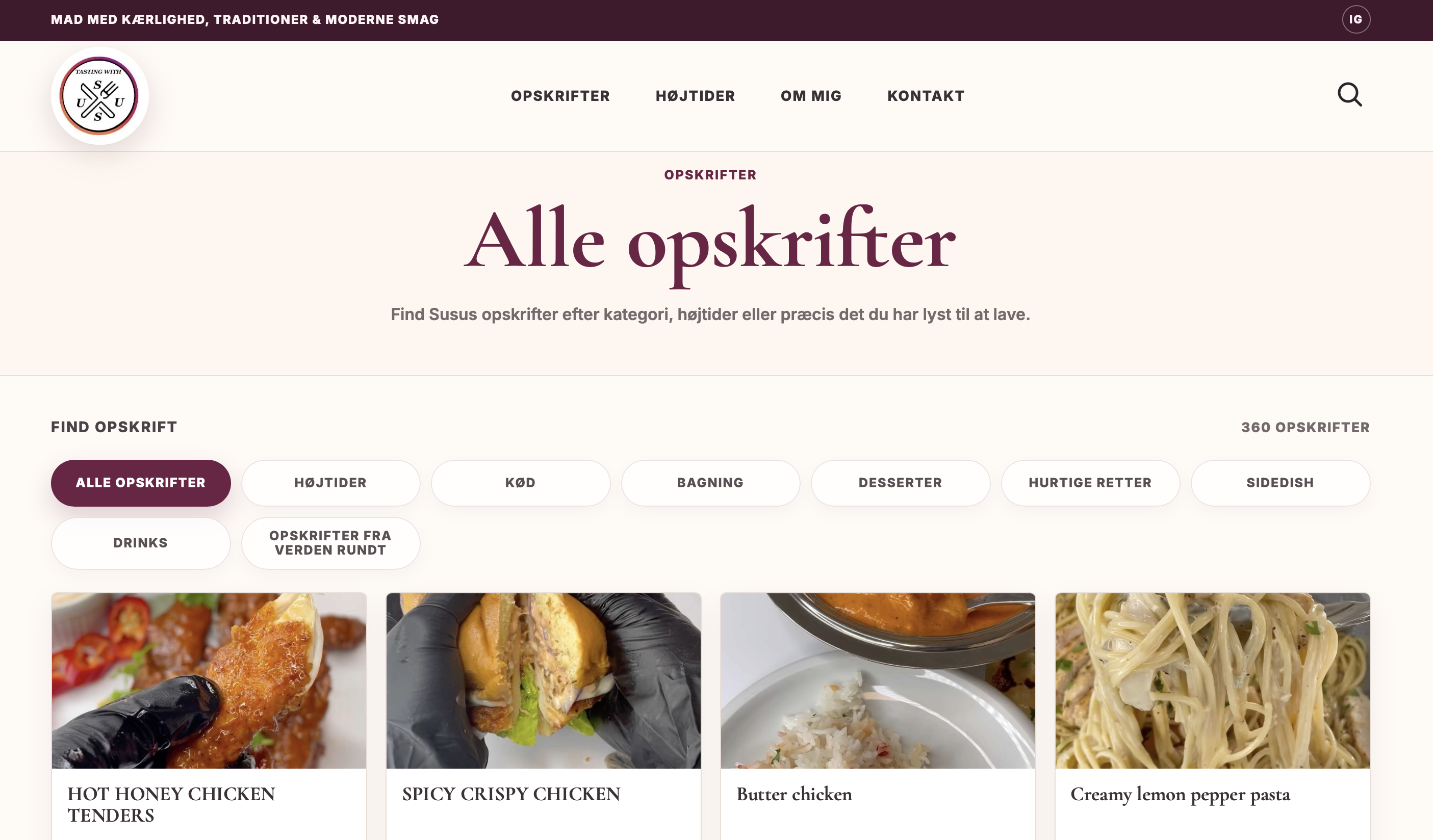 Tasting With Susu hjemmeside med opskrifter samlet i kategorier